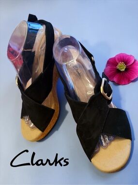 Clarks Giselle Dove Black Nubuck Cork Wedge Sandals - Size 9.5 M